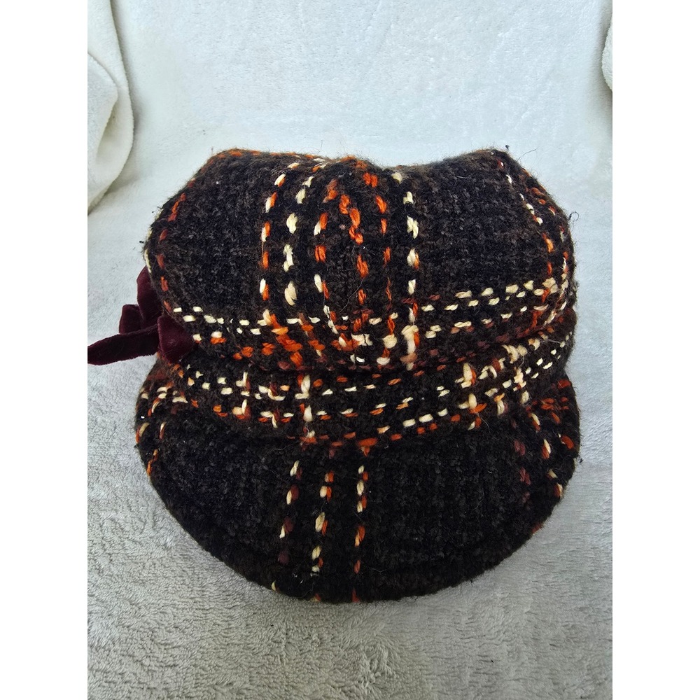 H&M Brown Orange Knit Cloche Bucket Hat Velvet Bow Vintage Style Womens SM 56cm